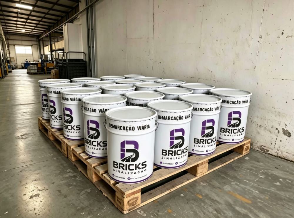 Pallets com baldes metálicos de tinta Bricks